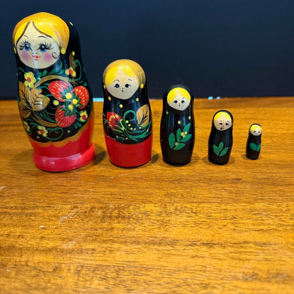 Russian Nesting Dolls Matryoshka - 5 Piece Hand-Painted Black & Red Floral